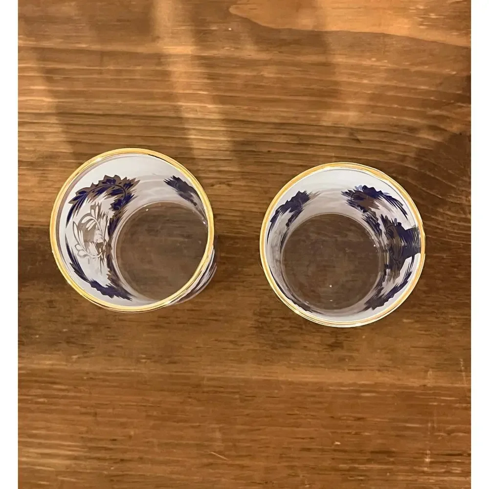 Vintage Frosted Glasses Blue Leaf Design‎ Gold Rim Barware Mid Century